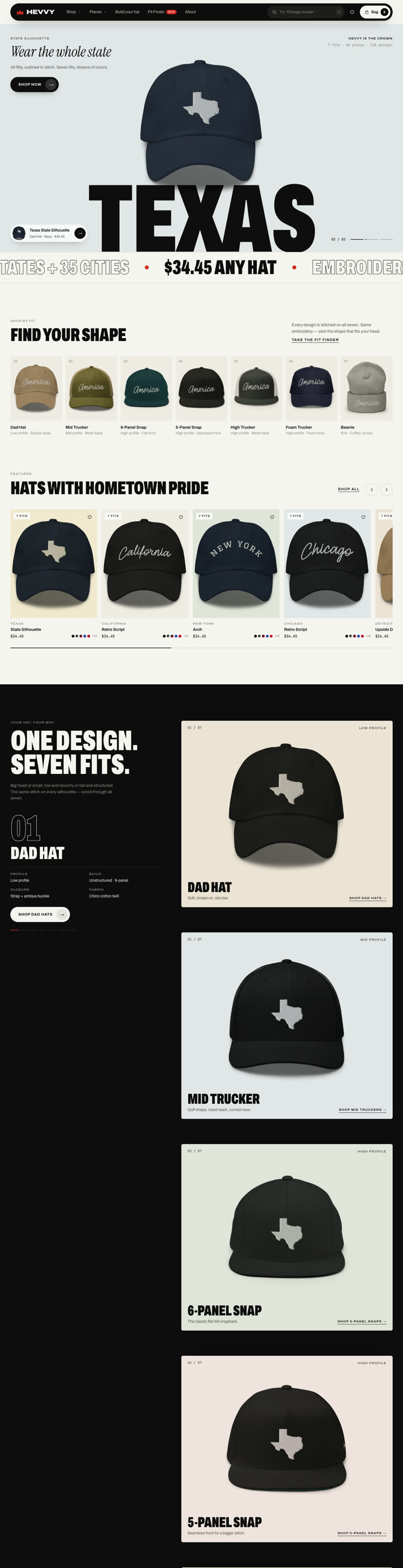 The Hevvy Headwear online store we built, from the homepage to the fit guide